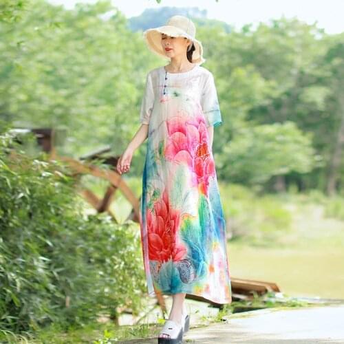 LZJN Vintage A-line Summer Dress Printed Short Sleeve Bead Buttons 2020 New Clothes Pure Ramie Loose Women Dress Bohemian