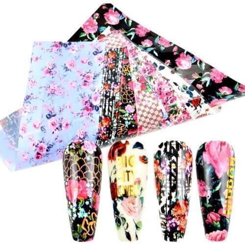 YWK 10 Black Rose Flower Decorations for Nails Mix Colorful Transfer Nail Foil Sticker Butterfly Gradient Marble Adhesive Paper