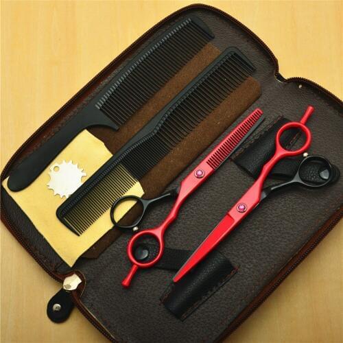 4Pcs 5.5'' Suit Customized Brand Logo Red Professional Human Hair Scissors Hairdressing Cutting Shears + Thinning + Combs C1013