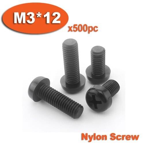 500pcs DIN7985 M3 x 12 Black Plastic Nylon Pan Head Phillips Screw Cross Recessed Raised Cheese Head Screws