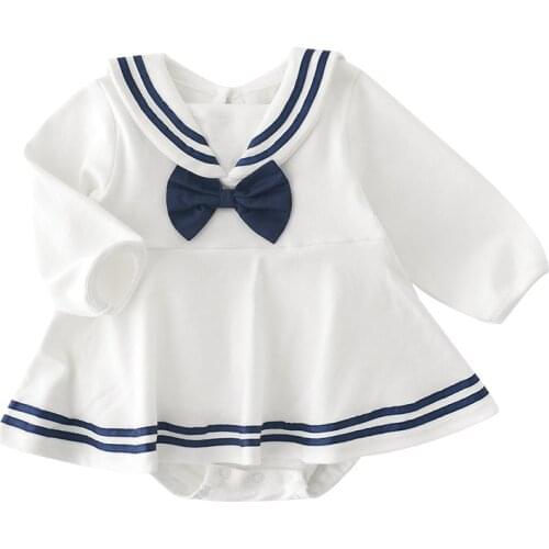 Newborn Girls Bodysuits Spring Sailor Collar Infant Cotton Long Sleeve Baby Clothing Girls Clothes with Bow 0-2Y