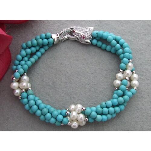 8'' 4Strds Round Turquoise White freshwater Pearl Bracelet