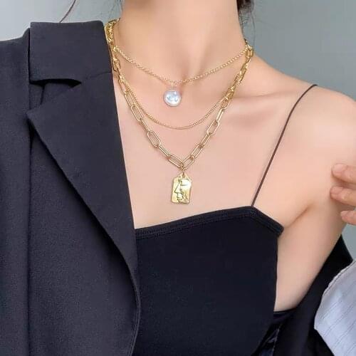 DAXI Bohemian Gold Necklaces For Women Multilayer Fashion Pearl Pendants Necklace Coin Portrait Chokers 2021Trendy New Jewelry