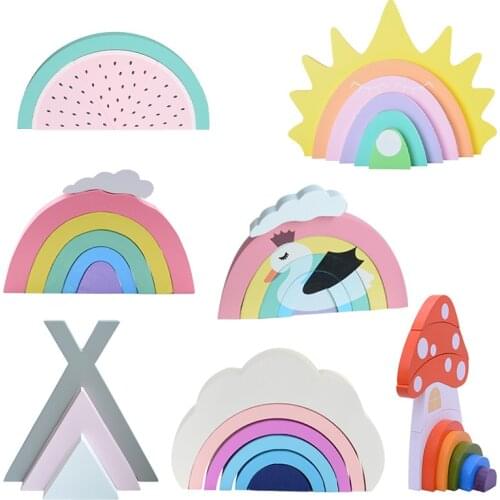 Home Wooden Rainbow Blocks Early Learning Educational Toy Building Blocks for Kids Room Natural Toys Scenes Decorations
