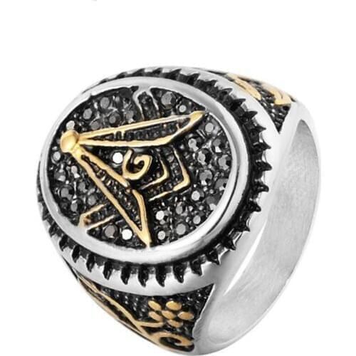 Stainless Steel Retro Gold Tone Vintage Masonic Master Freemason Biker Ring Size 8-12