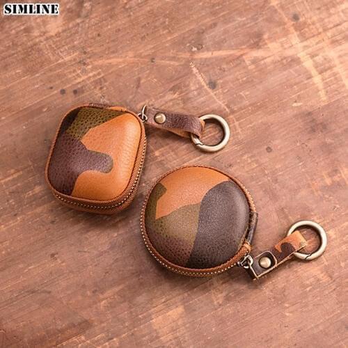 Genuine Leather Coin Purse Vintage Handmade Small Apple Airpods Cover Earphone Headphone Cable Holder Key Ring Keychain Case Bag