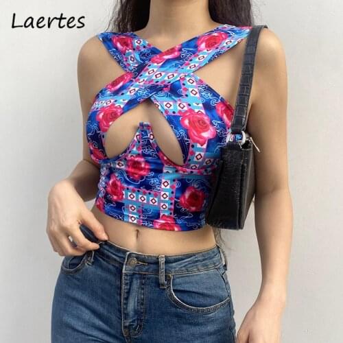 Laertes 2021 Summer Y2k Crop Top For Women Floral Print Sleeveless Hollow Out Backless Sexy Bandage Tank Tops Skinny Croset