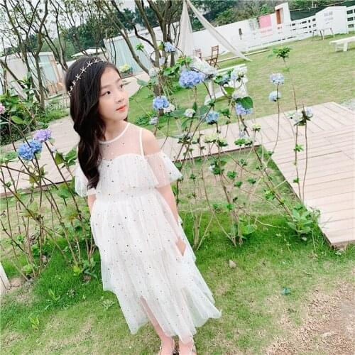 New Summer 2020 Girls Dress Star Mesh Baby Princess Dress Kids Tutu Dress Sequin Children Lace Dress Teenage Party Clothes,#5182