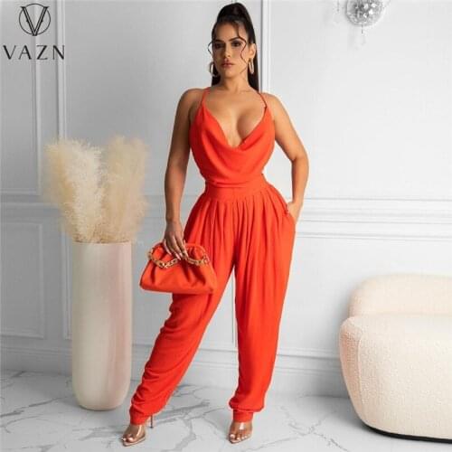 VAZN 2021 summer women fashion new high street style jumpsuits sleeveless pure color deep v jumpsuits long pants