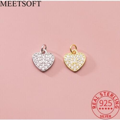 MEETSOFT Romantic 925 Sterling Silver Heart Zircon Charms of DIY Handmade Necklace Fine Jewelry wholesale Accessory Gift
