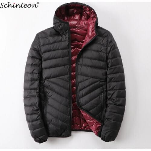 Schinteon Men White Duck Down Jacket Ultra Light Thin Coat with Hood Two Side Wearing Outerwear 2020 New