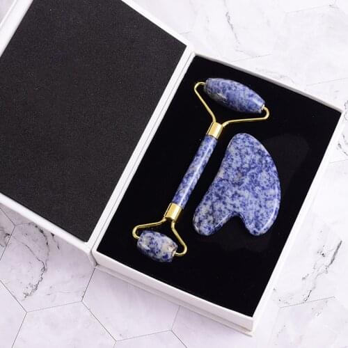 Jade Roller & Gua Sha Tool Set Natural Sodalite Stone Crystal Face Massage Body Acupuncture Scraping Beauty Health Care Massager
