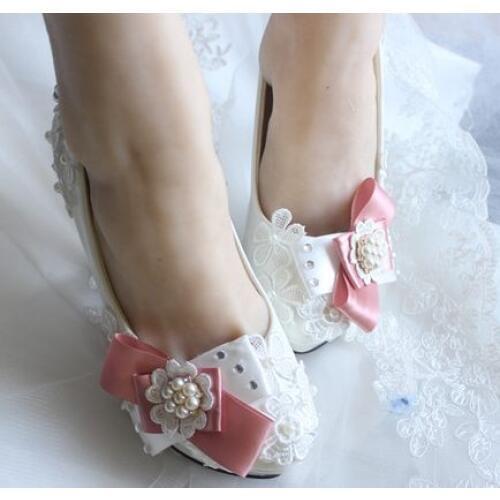 2018 new bowtie wedding shoes for women pink bow lace flowers brides wedding party pumps shoes high heels TG413 in stock