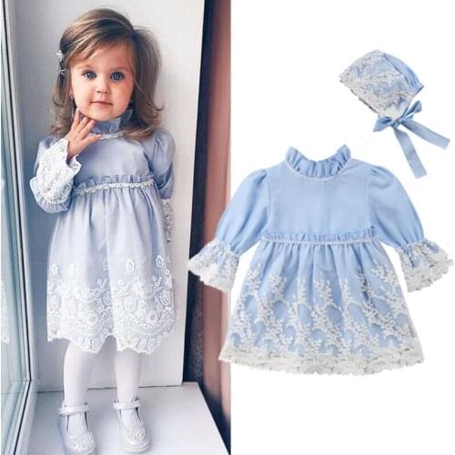 2020 Newest Toddler Girl Princess Dress Kid Long Sleeve Lace Dresses +Hat Party Wedding Formal Clothes 0-5T