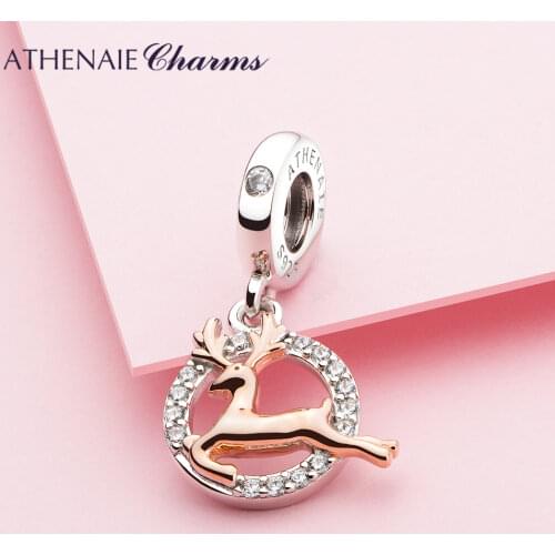 ATHENAIE Original 925 Sterling Silver Clear CZ Rose Gold Deer Animal Dangle Charms Pendants for Bracelet Women Jewelry