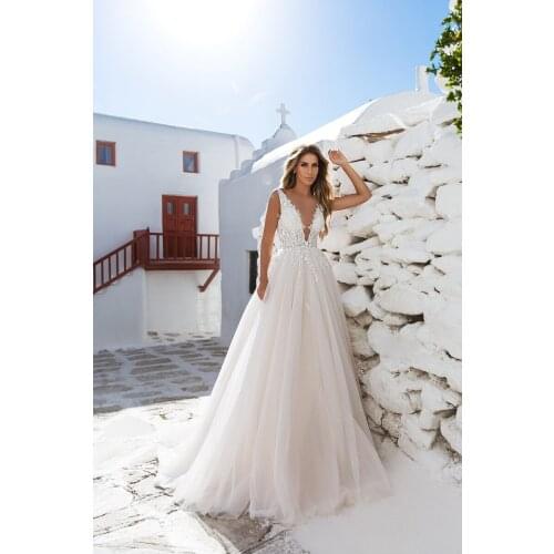 V-Neck Wedding Dressess A-Line Tulle Gowns Custom Made Open Back Backless Robe De Mariee Bridal