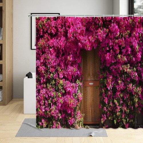 Retro Town Street Scenery Shower Curtain Flower Plant Green Leaves Stone Wall Pattern Bathroom Decor Bathtub Hanging Curtain Set