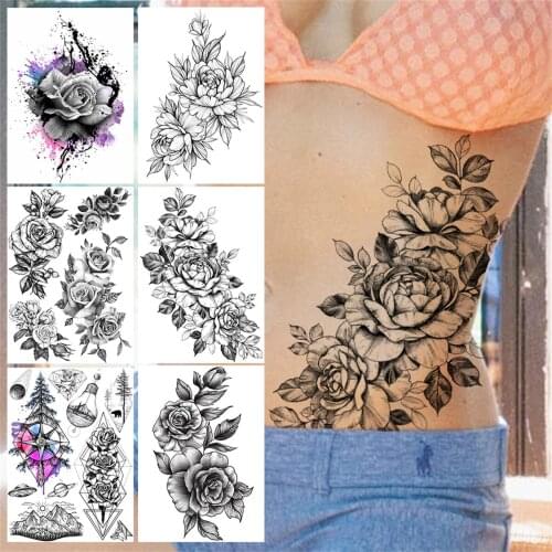 Blossom Flower Temporary Tattoos For Women Girls Fake Rose Peony Tattoos Sticker Sweatpea Glory Floral Black Tatoos Transferable