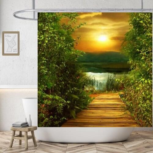 Countryside Waterfall Home Decor Shower Curtains Waterproof Mountains Bathtub Cortinas Woman Original Bathroom Curtains 180