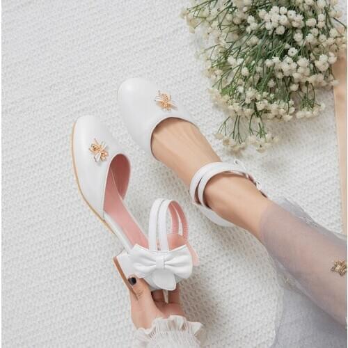 YQBTDL New Arrival 2020 Summer Party Wedding Bridal White Ladies Shoes Chunky Heels Cute Pink Bowtie Lolita Women Low Heel Pumps