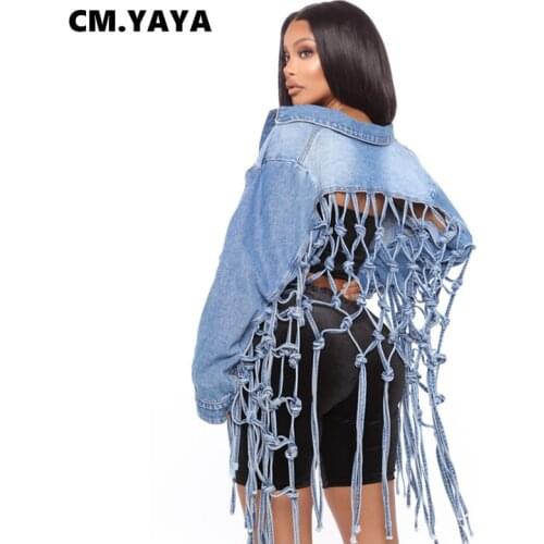 CM.YAYA Women Denim Coat Solid Full Sleeve Turn-down Collar Single Breasted Hollow Out Tassel Short Jackets Fashion Clothes Fall