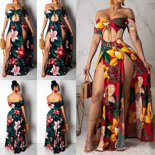 Women Dress Boho Floral Print Off-the-Shoulder Short Sleeve Hollow Split Long Maxi Evening Party Ladies Beach Summer Sundress