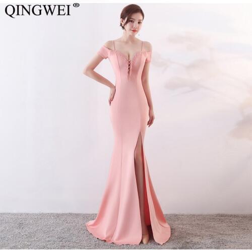 QINGWEI 2019 Party Dress Women New Sling Sexy Banquet Hosting Character Shoulder Fishtail Split Slim Dresses S to XL Q-1370