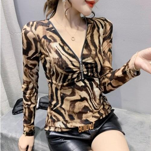 #8614 Sexy Leopard T Shirt Women V Neck With Zipper Basic Mesh T Shirt Femme Vintage Casual Skinny Woman T Shirt Thin Autumn