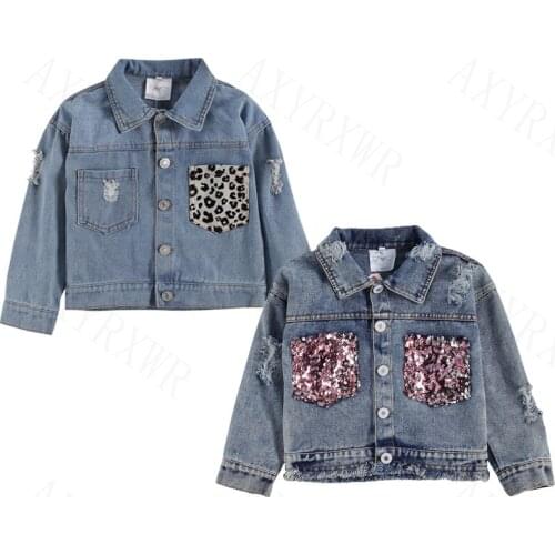 Wallarenear 2-6Years Toddler Baby Girl Denim Jacket Leopard/Sequined Print Long Sleeve Single Breasted Blue Coats 2 Style