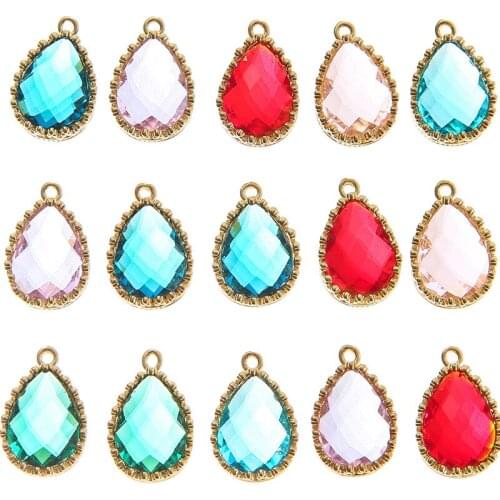 HEYUYAO 10pcs/lot Colorful Water Drop Crystal Rhinestone Metal Charms Pendant DIY Necklace Earring Jewelry Making Accessories