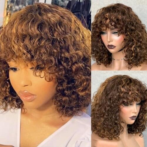 Short Bob Curly Human Hair Wigs Ombre Brazilian Remy Hair WIgs With Bangs Full Machine Made 150% Density Wigs For Black Women