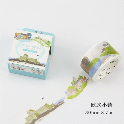 30mm Wide European House Town Building Happy Life Washi Tape DIY Decoration Planner Scrapbook Sticker Label Masking Tape