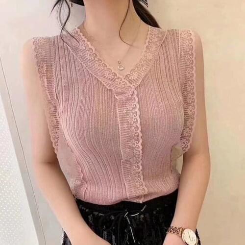 LJSXLS Hollow Out Lace Knitted Tank Tops Women Summer Sweet V-neck Sleeveless Camisole Female Pink Slim All-match Top Femme 2021