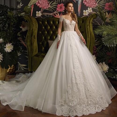 Custom Made Long Sleeve Gorgeous Ball Gown Wedding Dress Plus Size Hochzeitskleid All Over Appliques Beading Princess Dresses