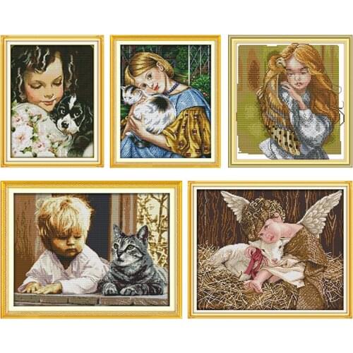 Joy Sunday Dog and Girl Cross Stitch Kits Stamped Patterns Counted Decor Thread Craft 11CT 14CT Print Embroidery Needlework Sets