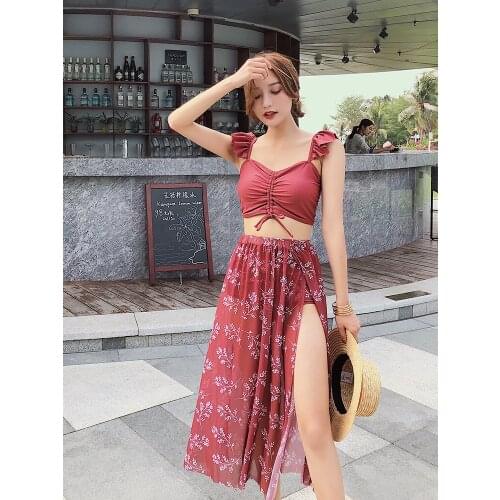 Korean Tankini Set Swimming Suit for Women Print Sexy Bikinis Three Piece Holiday Split Swimsuit Female Hot Spring Bathing Suit