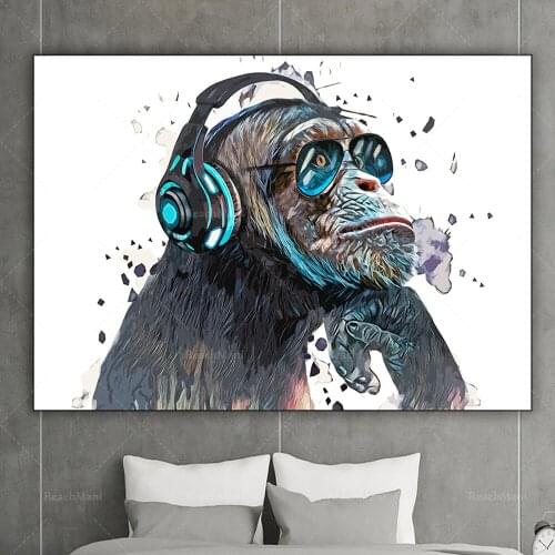 DJ Monkey Wall Art Huge Meditative Canvas Wall Art Animals Print For Decor Monkey Wall Art Chimpanzee Wild Animal Colorful Print