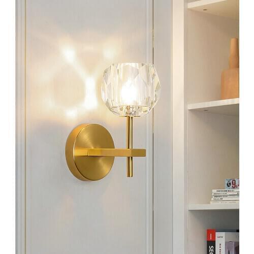 Nordic G9 LED Gold Iron Wall Lamp with Round K9 Crysta Lampshade for Hotel Restaurant Hallway Home Interior Decor Sconce Lamp