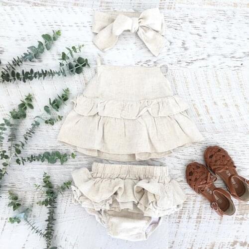 Wholesale 3PCS Toddler Kid Baby Girl Cute Clothes Sets Summer Sleeveless Ruffle Solid Tops Shorts Headband Set Outfit Sunsuit