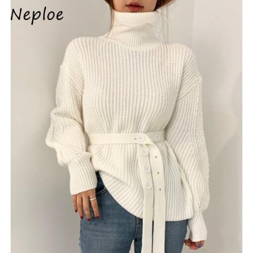 Neploe Autumn Winter Turtleneck Pullover Female Belt Slim Waist Puff Sleeve Knitted Shirt Woman Autumn New 2021 Women Sweater