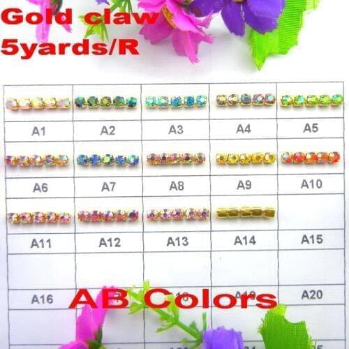 5yards/Roll High density Gold cup base AB colors ss6 2mm SS8 2.5mm SS10 2.8mm SS12 3mm rhinestone cup chain Sew On glue on trim