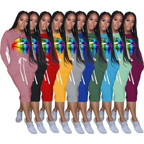 Casual Long Sleeve Dress with Pockets Women Fashion Pinted Lips Sundresses Drawstring Wasit Straight Long Dress Y2k Streetwear