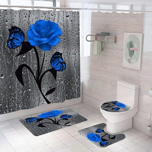 Red Rose Butterfly Durable Waterproof Shower Curtain Bathroom Non-slip Mat Set Pedestal Rug Lid Toilet Cover Bath Mat Rugs