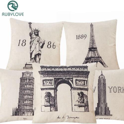 Retro Style Landmark Building Pattern Pillow Case Cotton Linen Cushion Cover Car Office Sofa Throw Pillowcase Vintage Home Decor