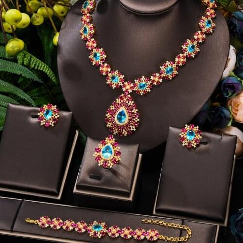 Blachette Luxury Emeralds Romantic Sweet 4PCS Necklace Earring Bangle Ring for Women Wedding Banquet Indian Bridal Jewelry Gift