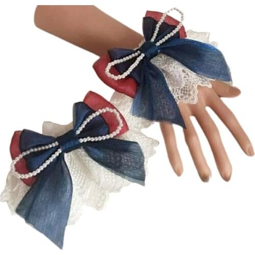 Y1QD Mesh Lace Top Hat Bowknot Floral Pastriotic Headband Sweet Lolita Wrist Cuffs