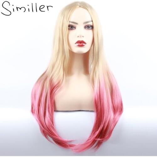 Similler Straight Long Synthetic Hair Wigs for Women Cosplay Ombre Blonde T Red Central Part Hightlight Halloween Costume