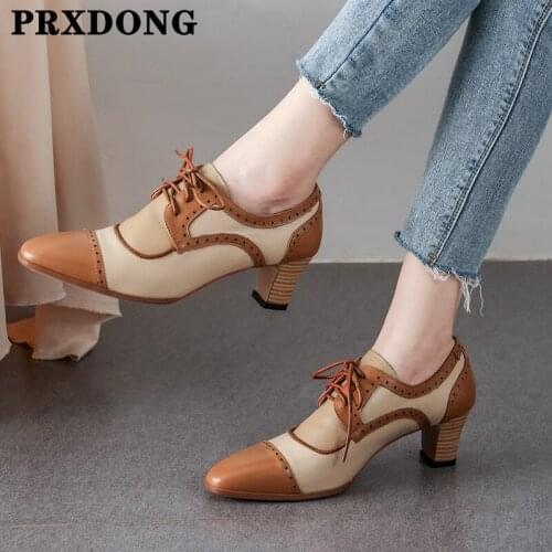 Retro Genuine Leather Pumos Shoes For Women 2021 New Spring Autumn Round Toe Chunky High Heels Pumps Dress Party Shoes Woman 40