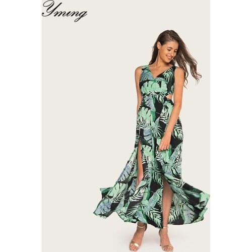 YMING Womens Summer Vacation Strap V-neck Backless Sexy Printed Long Dress Split Dress Flower Dresses Holiday Clothing
