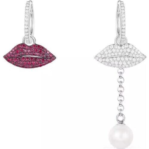 SLJELY 925 Sterling Silver Asymmetry White Red Lips AB Earrings with Pearl Zircon Stones Yao Chen Collection Women Brand Jewelry